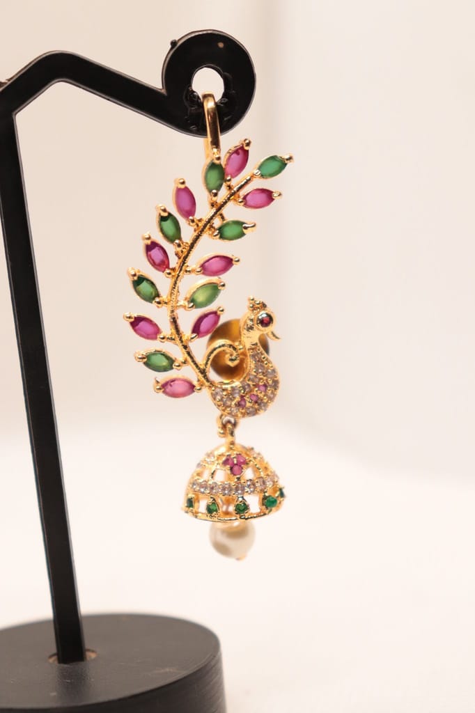 Gold Plated Kundan Meenakari Peacock Jhumka Earrings With Pearls view 2