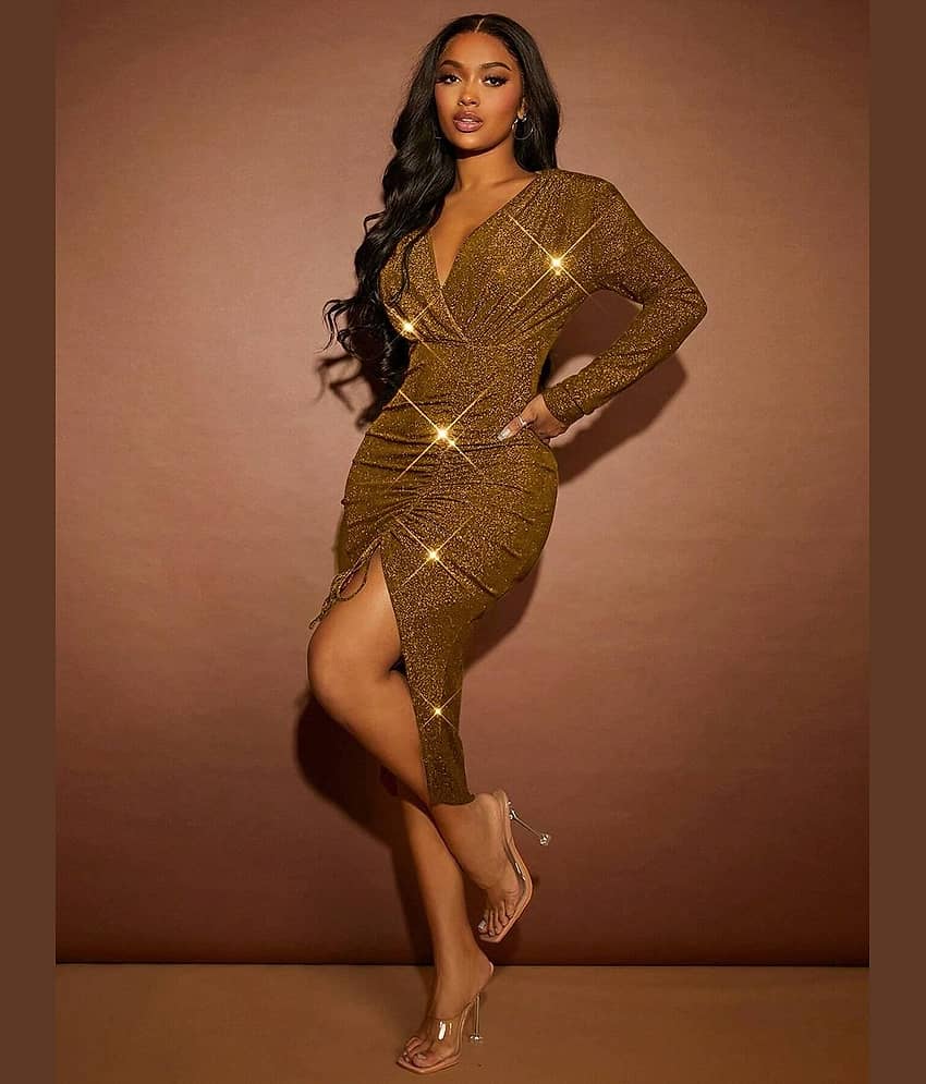 kotty Women Polyester Embellished Bodycon Dress ( Gold ) view 2
