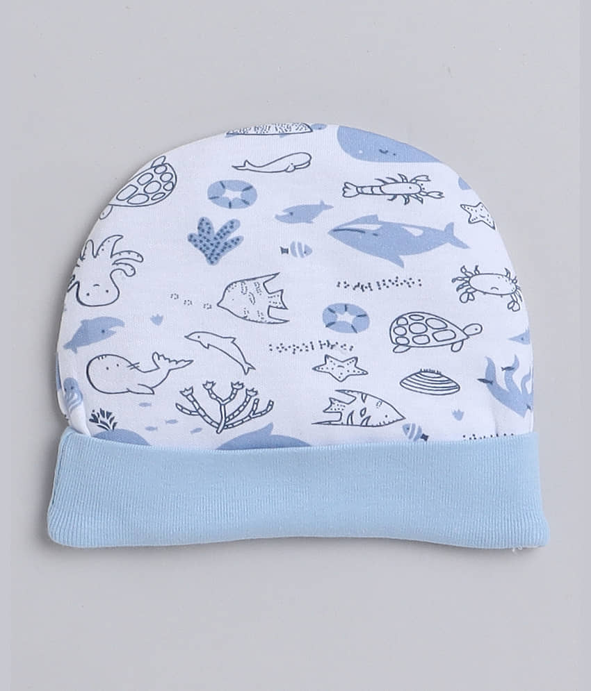 BUMZEE White & Sky Blue Boys Cotton Cap Mitten Bootie Set Age - 0-3 Months view 2