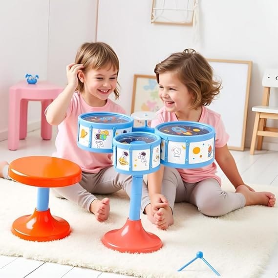 MiniExplorer Jazz Drum Set for Kids | Musical Toy Set with 3 Drums, 1 Cymbal, Drumsticks & Stool | Durable Plastic Learning Toy Music Instrument for Boys & Girls for 3 Years+ view 2