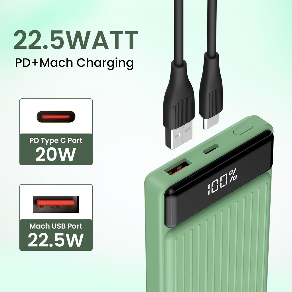 Portronics Luxcell B 10K 10000 mAh 22.5W Fast Charging Power Bank, Ultra Slim Power Bank with Mach USB-A Output, Type C PD Output, Type C Input, Wake Up Button(Green) view 2