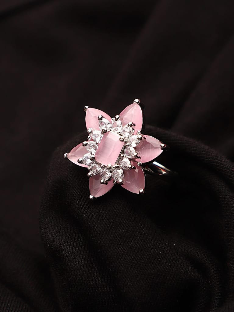 Cardinal Silver Plated Pink Stone Brass American Diamond Adjustable Ring view 2