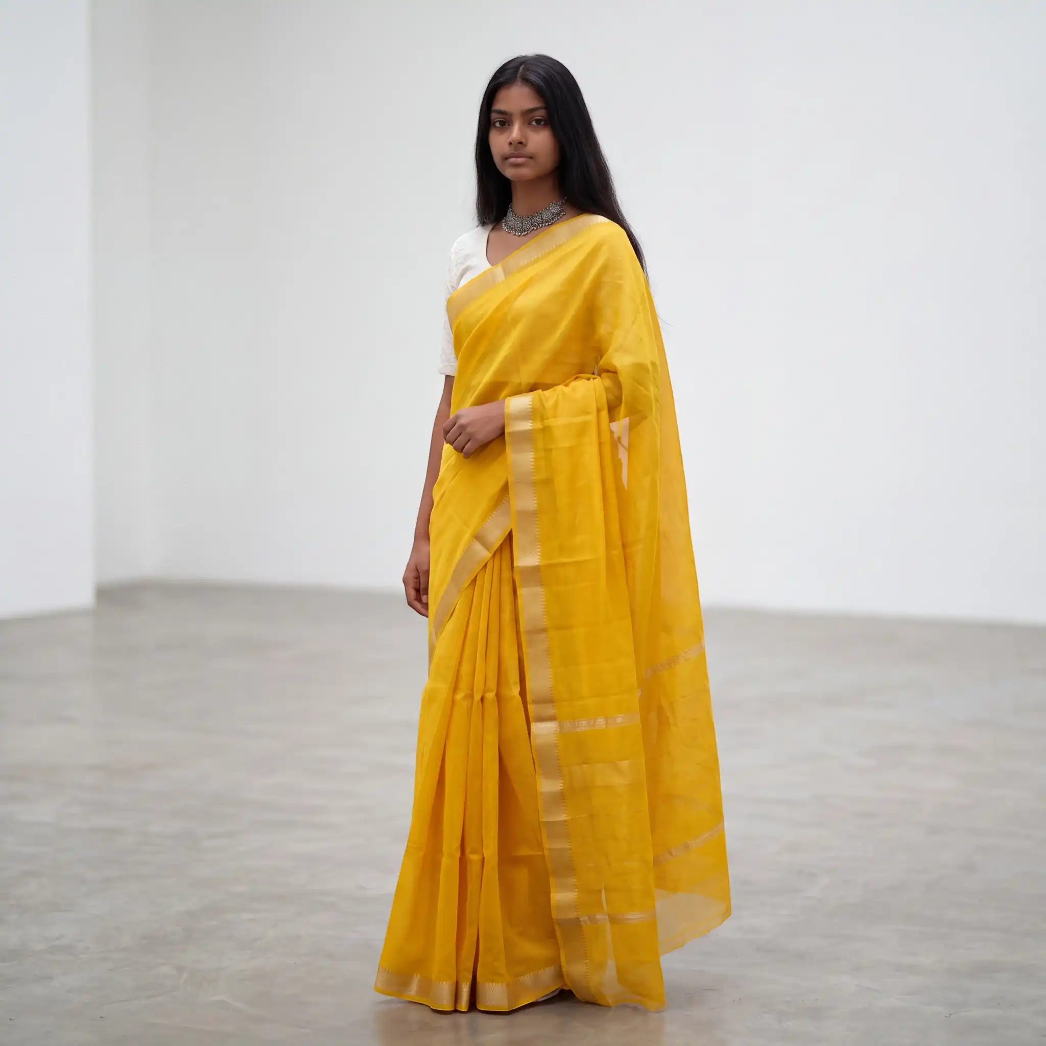 Handloom Mangalgiri Semi-Pattu Saree Mustard Gold view 2
