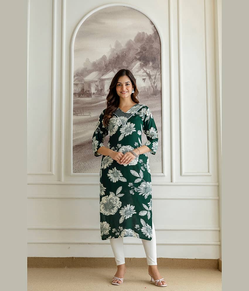 Kapadia Women Rayon Printed Straight Kurti ( Dark Green ) view 2
