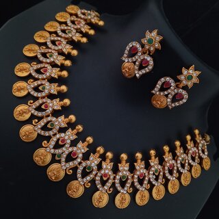 Matt Finish CZ Lakshmi Goddess Pink Green Jewellery Set view 2
