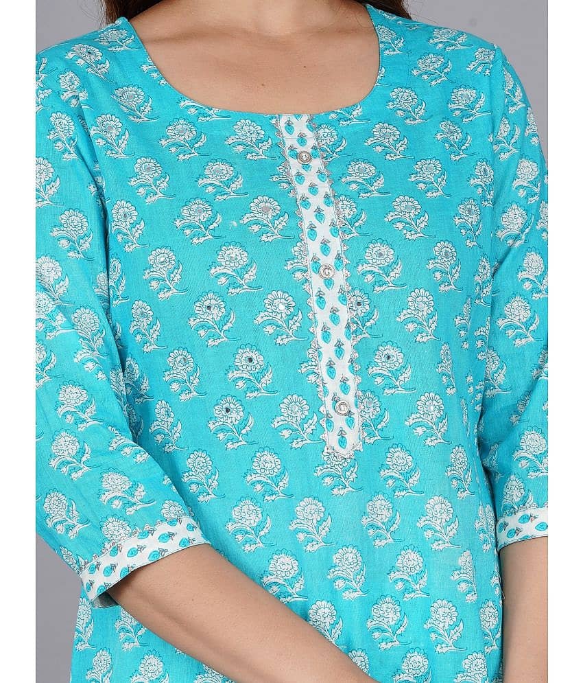 Mishree Collection - Turquoise Straight Cotton Women's Stitched Salwar Suit ( Pack of 1 ) view 2