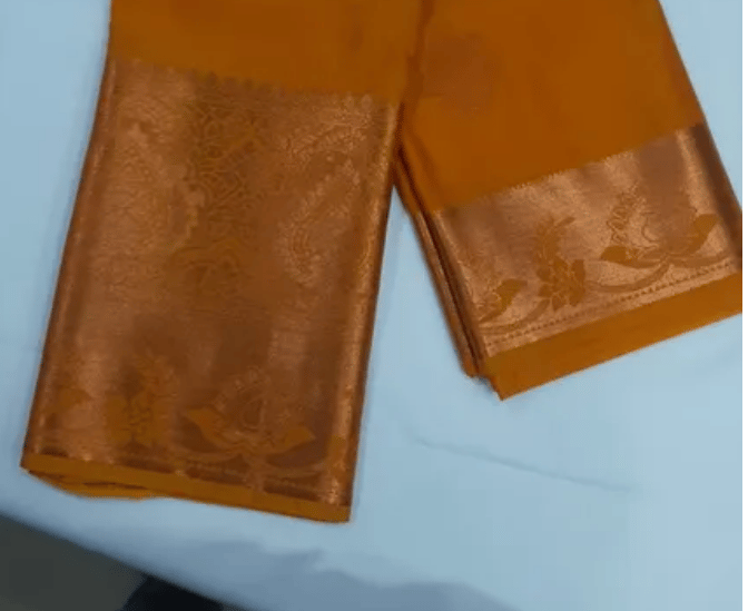Women Semi Pattu Saree Silk Blend Saree gold color saree with self pallu and blouse view 2