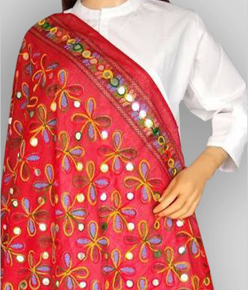 Apratim Red Cotton Aari Embroidered Dupatta view 2