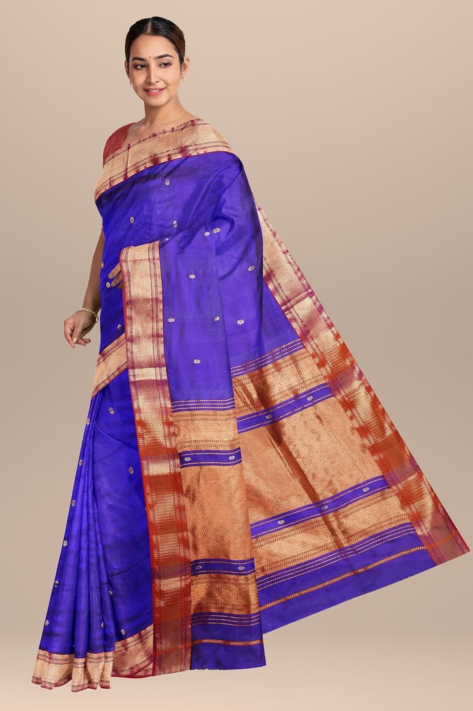Royal Blue Handwoven Rui Buti Mulberry Sausar Silk with Zari Border Saree SKU-BS10069 view 2