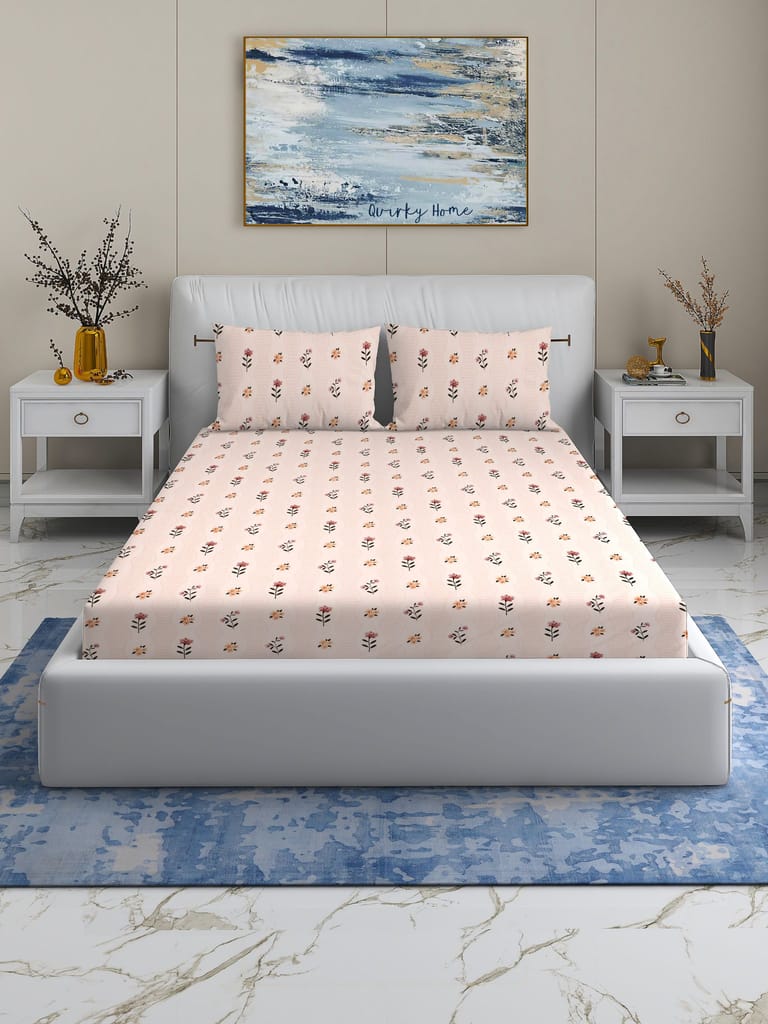 Quirky Home Rome Collection Premium Cotton Blend 180 TC Flat Double Wrinklefree Bedsheet with 2 Pillow Covers, Beige Flower
