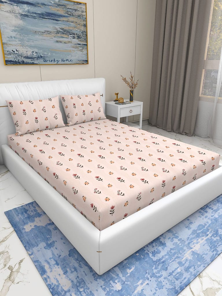 Quirky Home Rome Collection Premium Cotton Blend 180 TC Flat Double Wrinklefree Bedsheet with 2 Pillow Covers, Beige Flower view 2