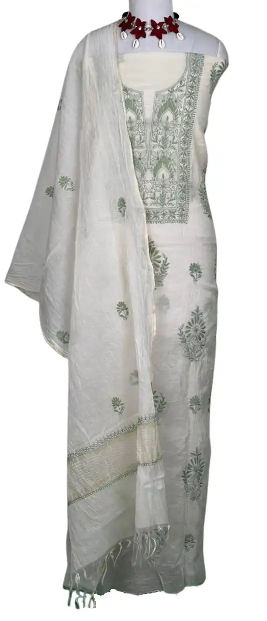 Chikankari Mul Chanderi Dress Material White Green Floral