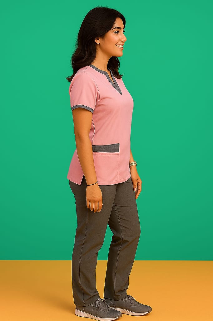 Premium Scrub Suits | Unisex | Style With Grey Accent | Polycotton, Stylish, Comfortable | Half Sleeves| Ideal For Health Care Professionals | Color (Pastel Pink) Sizes S-2XL view 2
