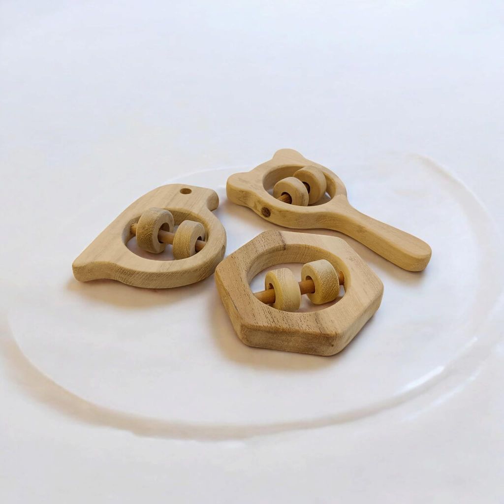 Neemtoys Neem Wooden Sensory Developing Rattles, Sparrow, Mickey Head & Hexagon Shaped, Sourced Shapes Teether, Teething Toy for Babies with Multiple Textured Surface (Brown) view 2