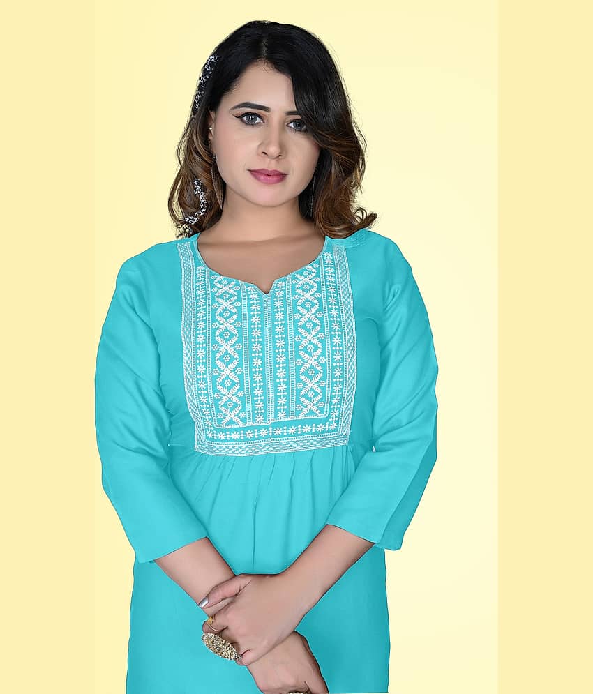 HAYA - Light Blue Rayon Women's Straight Kurti ( Pack of 1 ) view 2