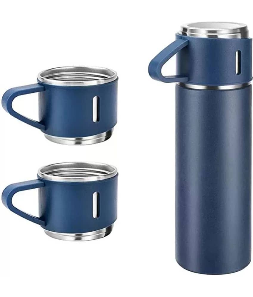 FLEXTOX Thermos Flask Water Bottle & 3 Cups Steel Flask - 500 ml Stainless S - B - Blue Steel Flask ( 500 ml )