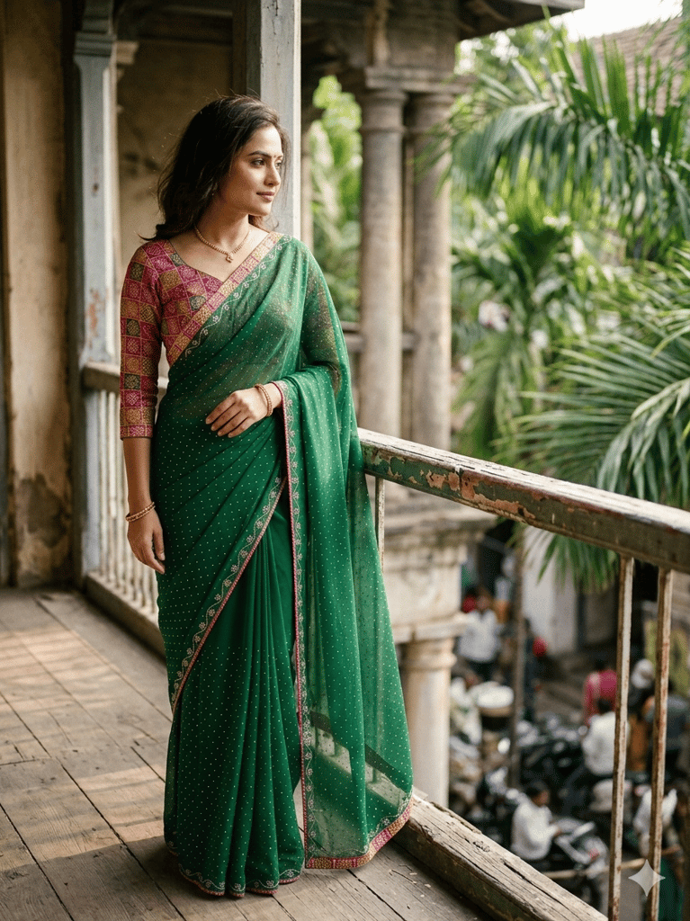 Women's Maroon Georgette Saree with Multicolored Geometric Blouse view 2