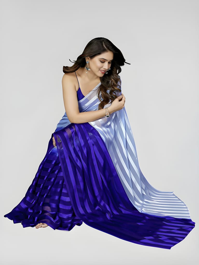 Women's Blue & White Organza Striped Saree with Unstitched Blouse Piece | Lightweight Party Wear, Festive & Wedding Saree view 2