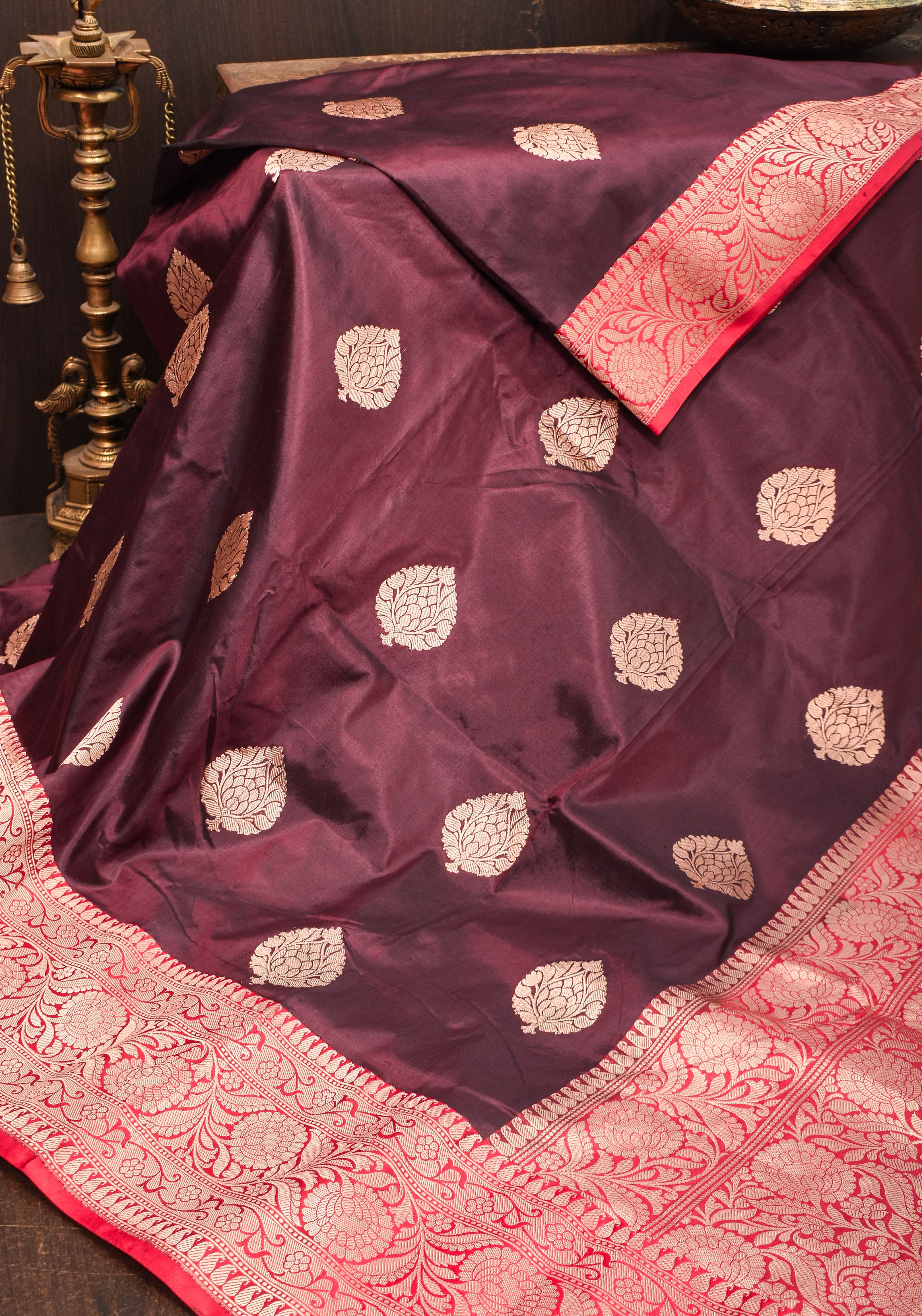 Banarasi Katan Silk Saree in Garnet and Red with Floral Motifs | SILK MARK CERTIFIED view 2
