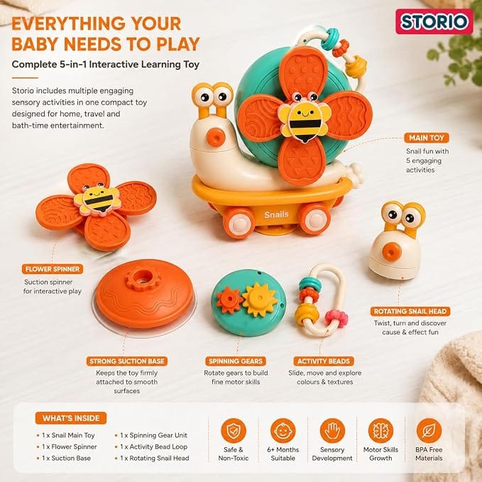 Storio 5-in-1 Baby Suction Spinner Toy, Interactive Learning Set with Rattle and Sensory Play, for 6+ Months Kids - Orange & Cream view 2