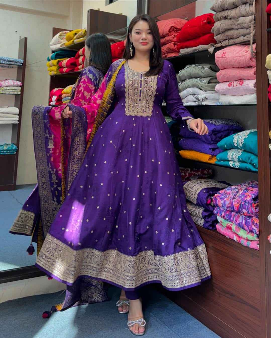 Anarkali Flared Silk Kurti Set view 2