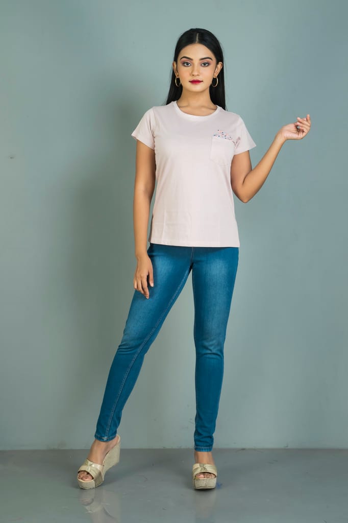 Light choco cream coloured women hand embroidered cotton T shirt, view 2