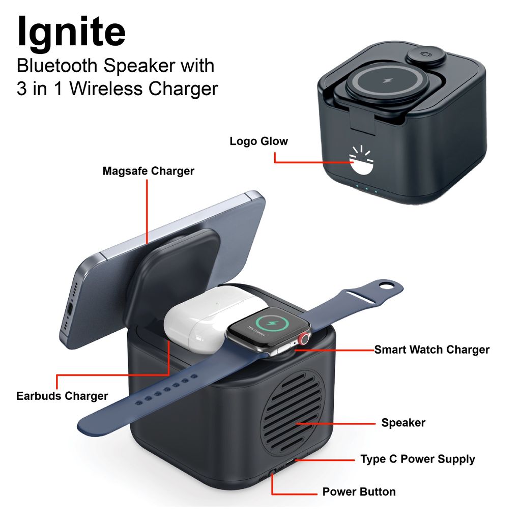 Glow Gadgets Ignite 3 in 1 Wireless Charger & Bluetooth Speaker view 2
