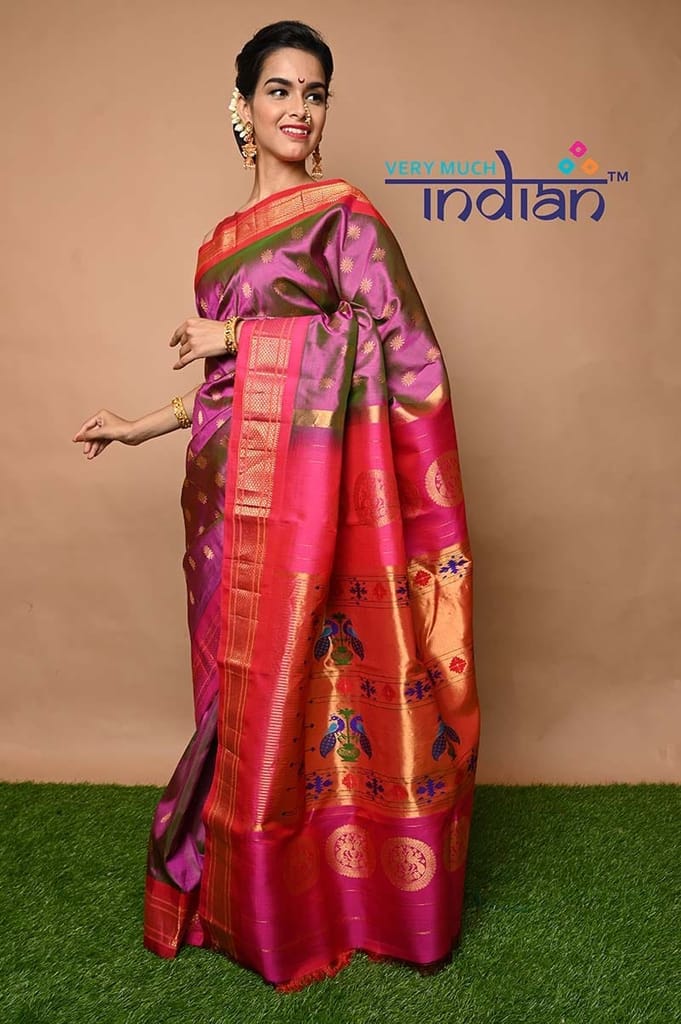 Pure Silk Handloom Maharani Paithani - Dual Tone Pink Saree with Gold and Pink Border(Available in Peacock Buttis with Meenawork) view 2