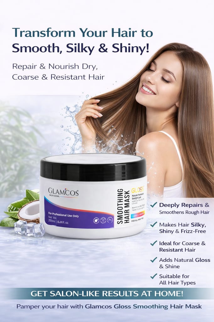 Glamcos Professional Gloss Smoothing Hair Mask | Salon Professional Hair Mask for Coarse & Resistant Hair | Smooth, Silky & Shiny Hair | Repairs & Nourishes Dry & Damaged Hair | For All Hair Types – 250ml view 2