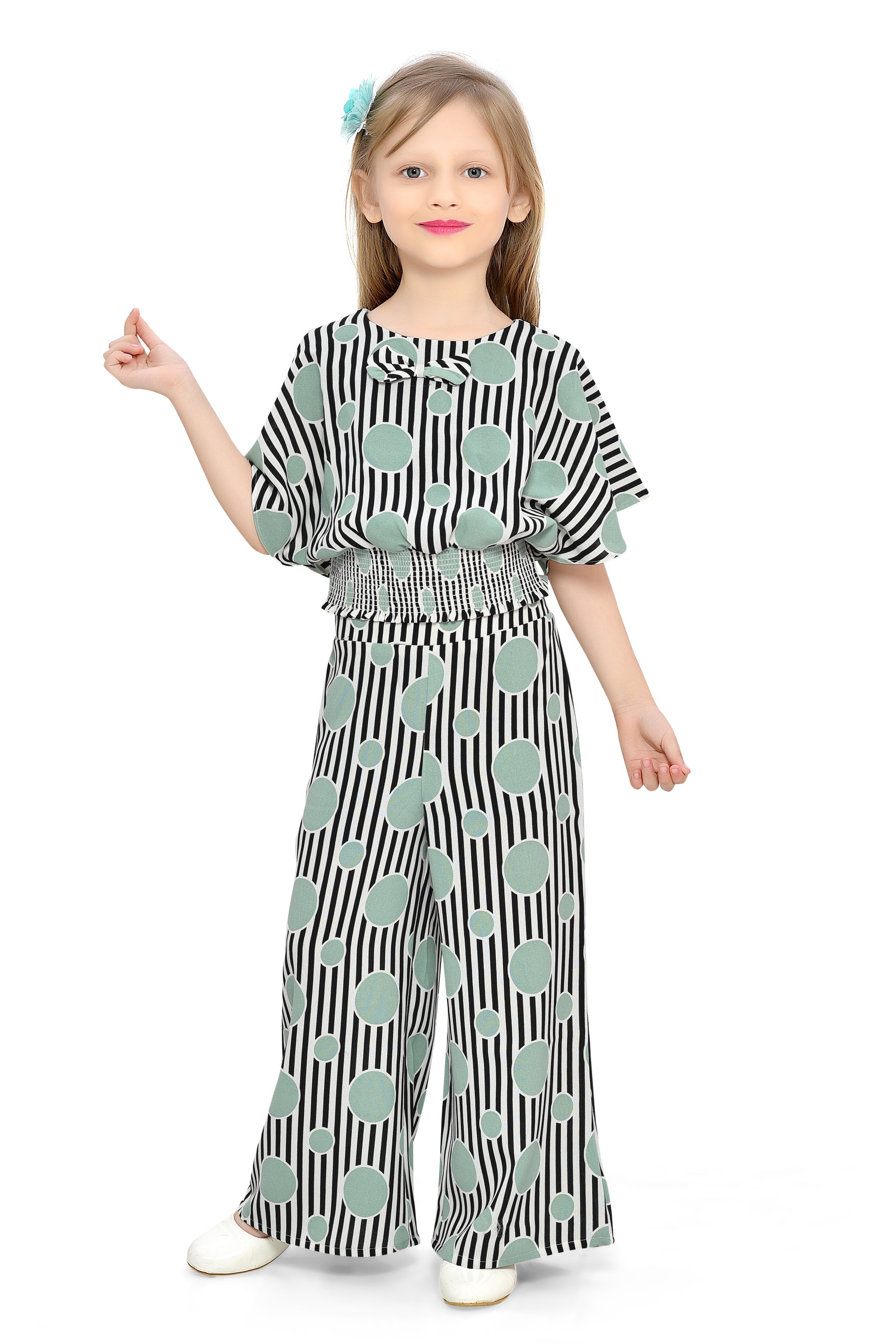Be:Kids Black and White Striped Top with Green Polka Dots and Matching Palazzo Pants Set