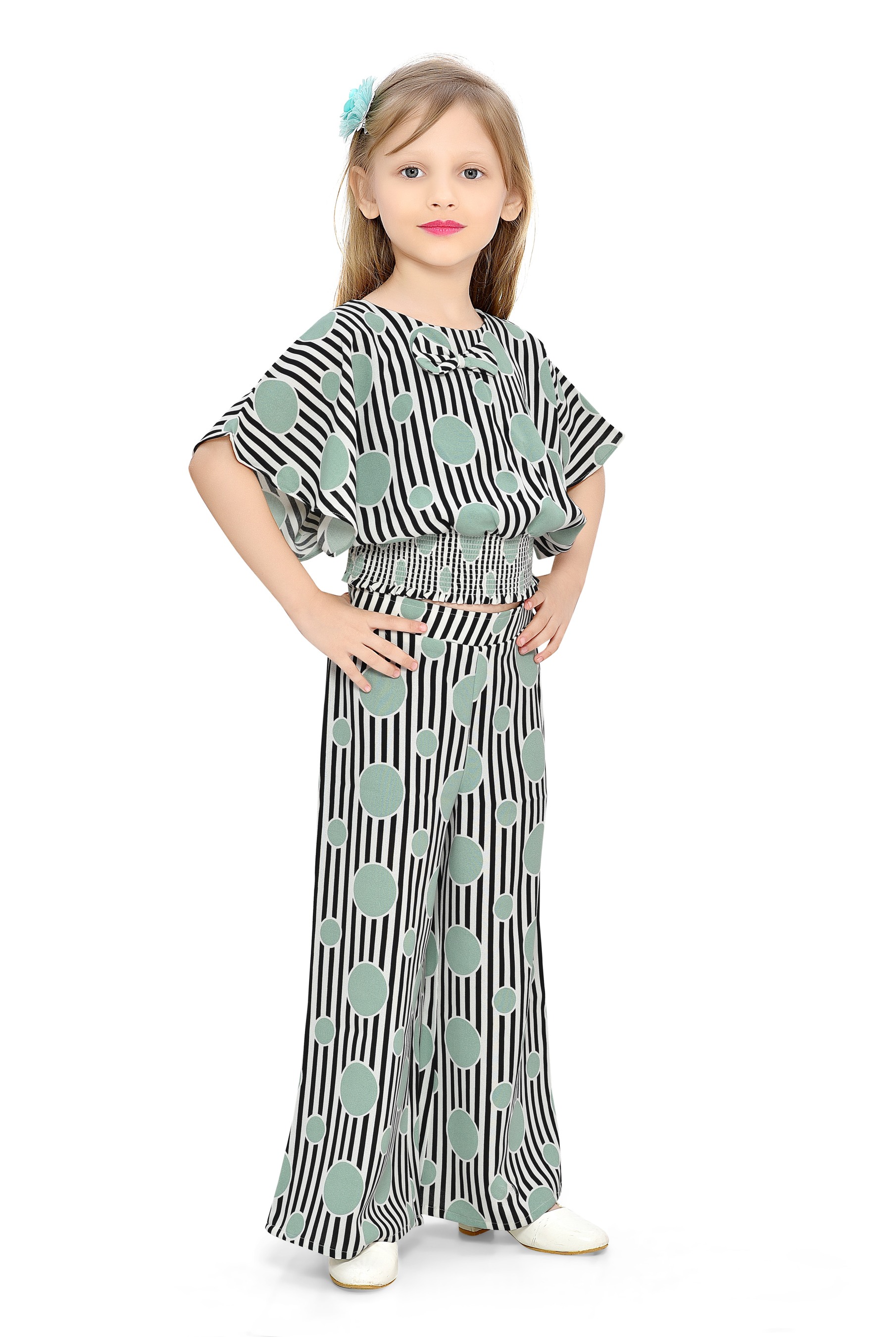 Be:Kids Black and White Striped Top with Green Polka Dots and Matching Palazzo Pants Set view 2
