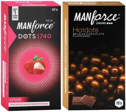 MANFORCE Extra Dotted Litchi Flavoured Condoms - 10 Pieces & Premium Hotdots Belgian Chocolate Condoms with Bigger Dots - 10 Pieces Condom (Set of 2 20 Sheets) view 2