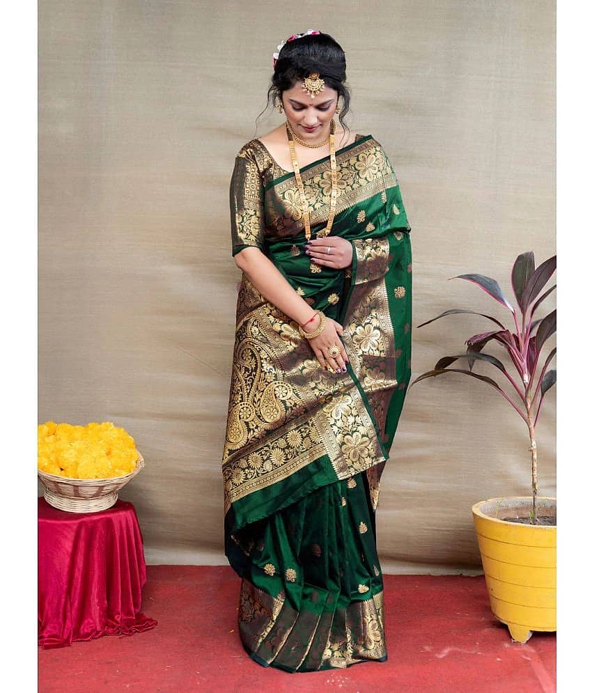 SareeQueen Art Silk Embellished Saree With Unstitched Blouse Piece ( Green )