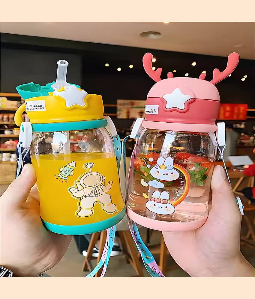 SARVASHVA TRENDS Cartoon Water Bottle with Straw Multicolour Plastic School Water Bottle 600 mL ( Set of 1 ) view 2