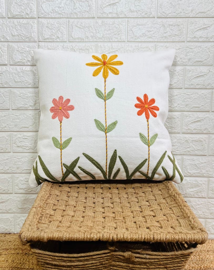 Indihomecraft Handicraft Cotton Cushion Cover - Hand Stitched Embroidery Decorative Art Boho Pillow Flower Printed Pillow Cover | Square Shape 18X18 Inches Cushion Cover, Set of 2 view 2