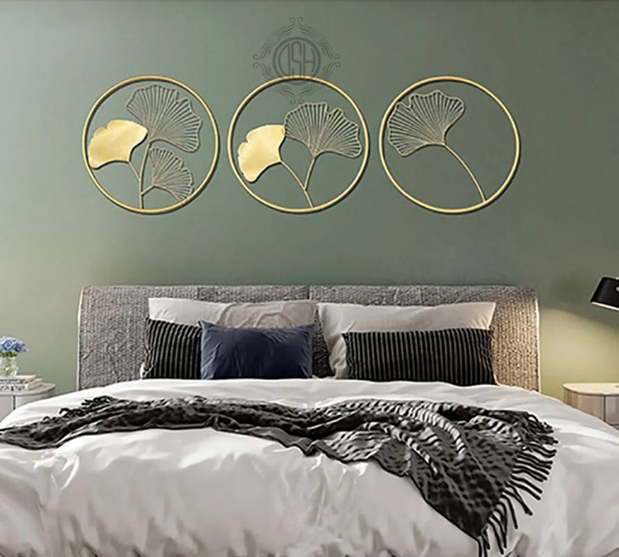 Metal Round Shaped Beautiful Leaf Wall Decor Wall Arts Perfect For Living Room Hotel Restaurant Bedroom Drawing Room. (Set Of -3) view 2