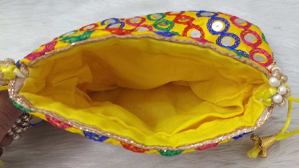 Yellow Hand Embroidered Potli Bag with Pearl Handle view 2