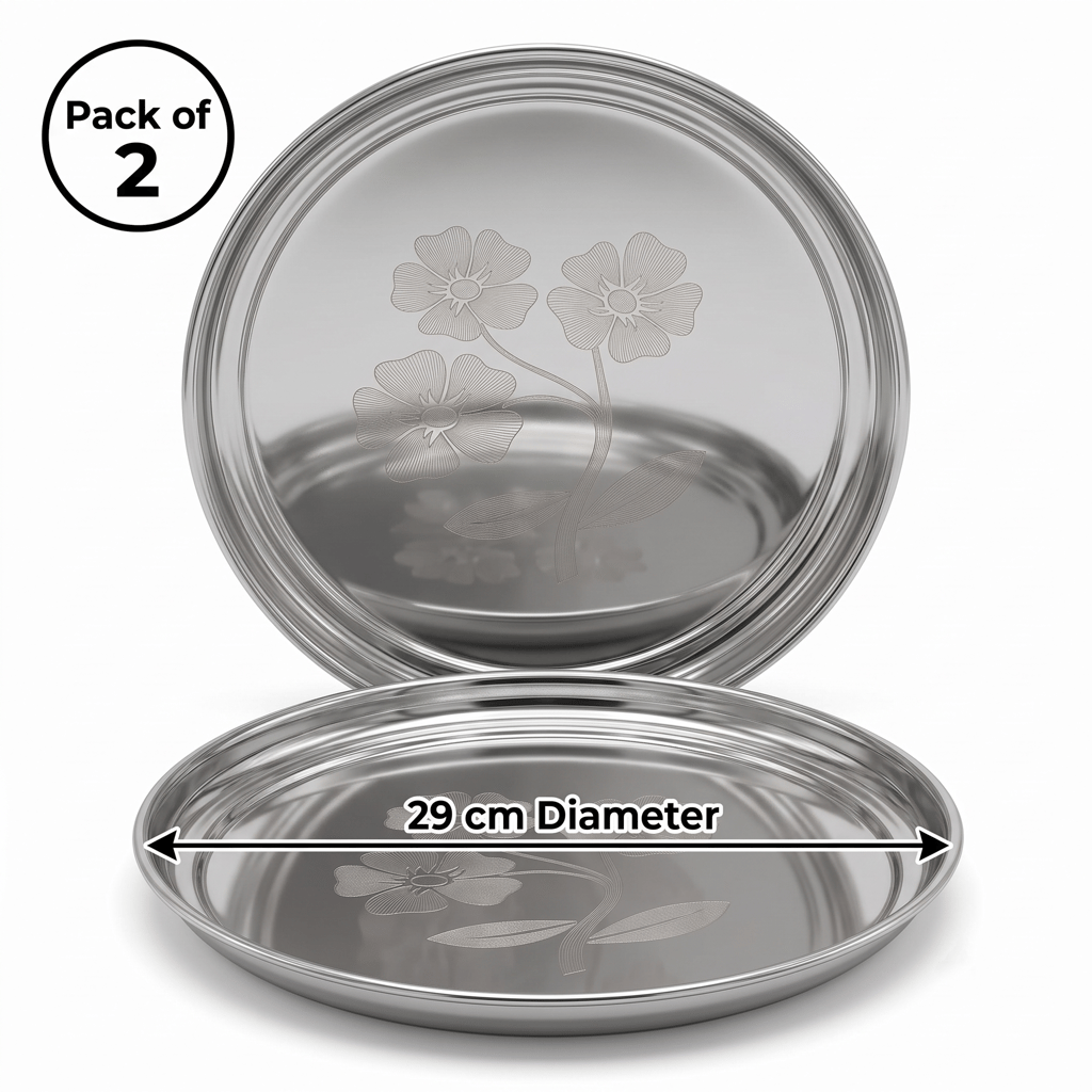 WEKTU Stainless Steel Rajbhog Gol Dinner Plate with Laser Floral Print (29 cm Diameter) – Premium Heavy Gauge Mirror Finish Round Thali for Lunch & Dinner | Food Grade, Durable & Rust Proof view 2
