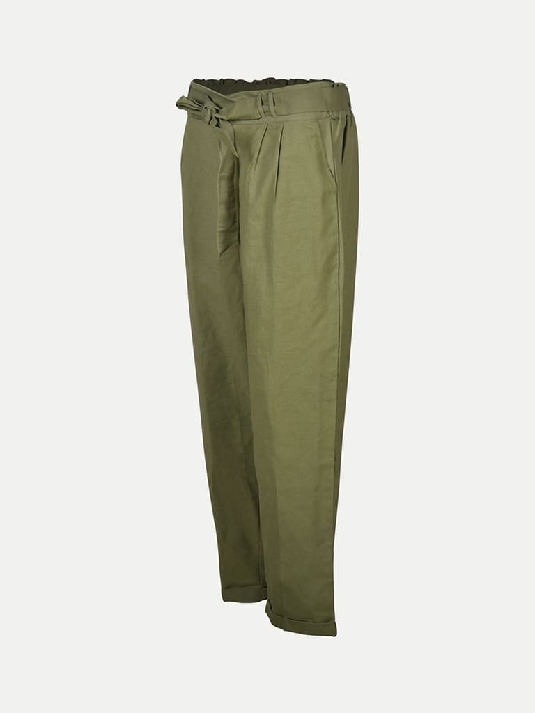 Women Green Plazzo Linen Pants view 2