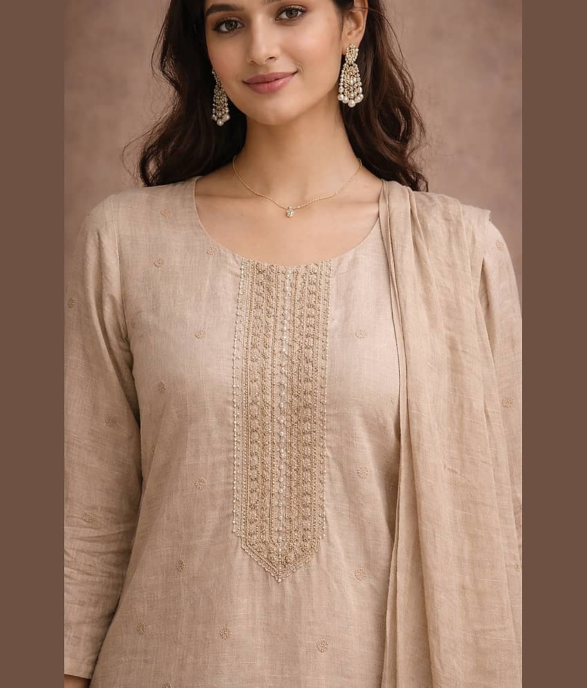 Aarika Women Cotton Blend Embroidered Straight Kurti With Pants ( Beige ) view 2