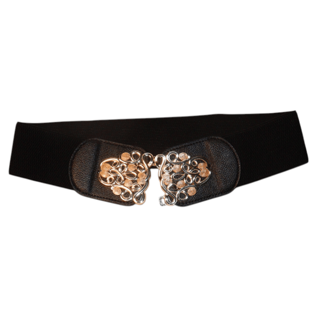 Women's Black Elastic Waist Belt with Gold Filigree Buckle view 2