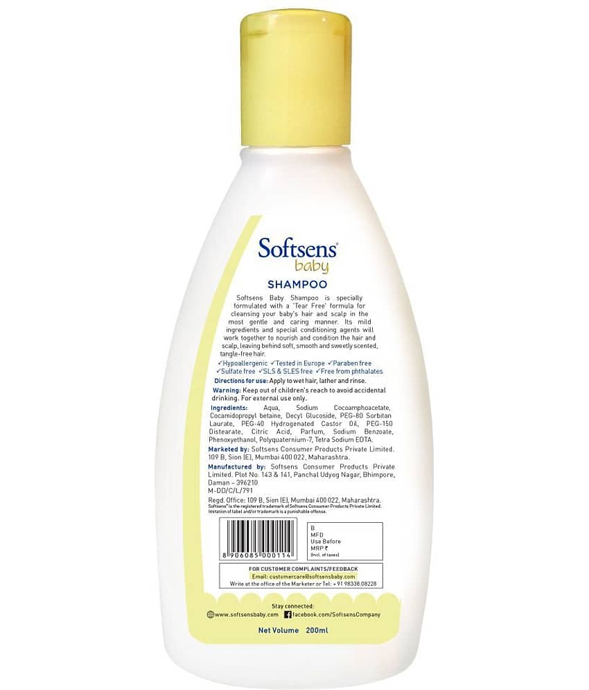 Softsens Baby TEAR FREE Shampoo Mild, Hypoallergenic , Paraben & Sufate Free 200ml, Pack of 3 view 2