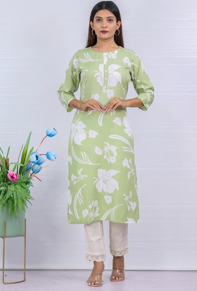 Women's Light Green Floral Print Cotton Kurta Pant Set