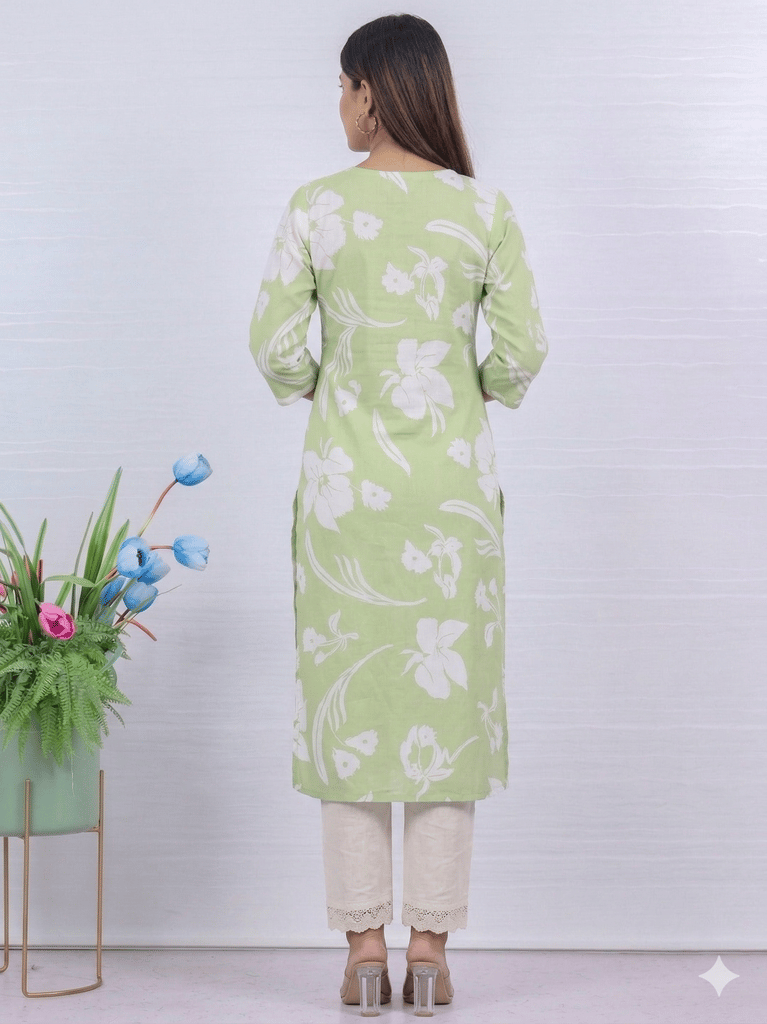 Women's Light Green Floral Print Cotton Kurta Pant Set view 2