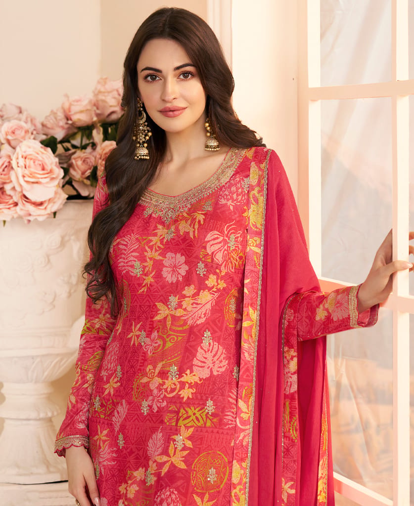 Designer Pink Printed Straight Suit for Women view 2