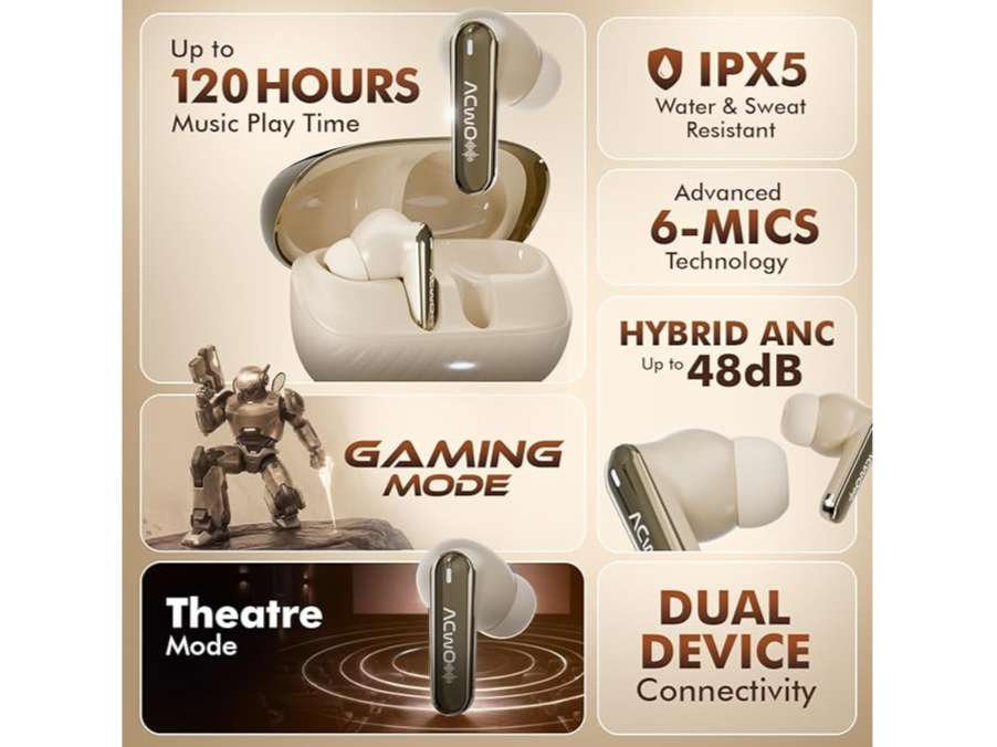 ACwO Dwots 333 Earbuds, 120Hrs Playtime, True Wireless Hexa Mics with Hybrid ANC & Ai-Enc, 48Db Noise Cancellation, 50Ms Low Latency - Pastel-Grey view 2