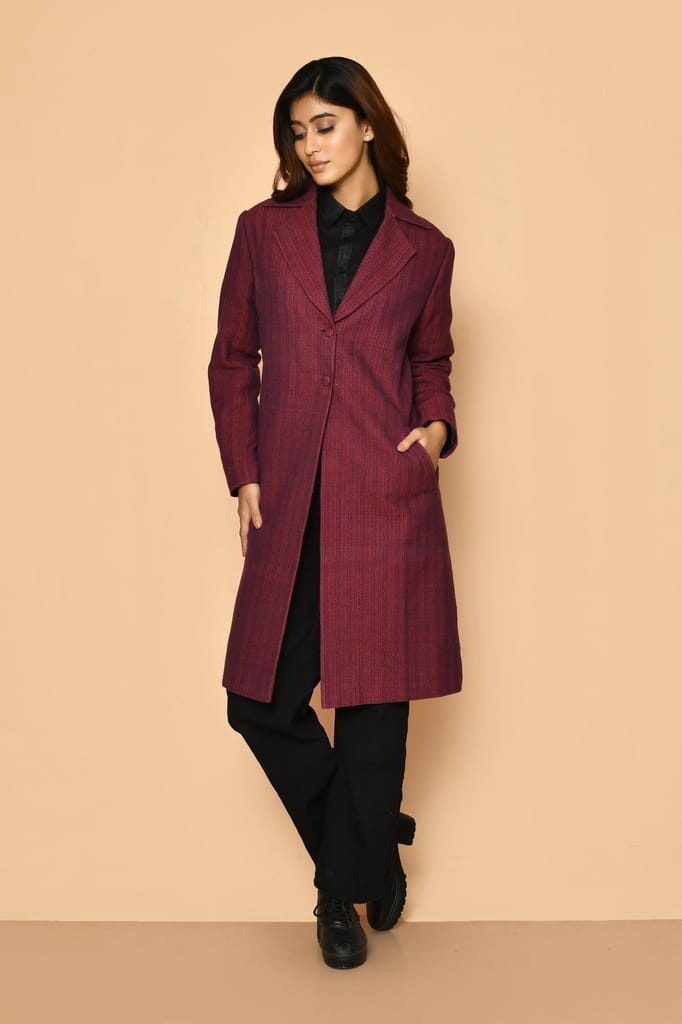 Mrinal handloom cotton trench coat jacket for women view 2