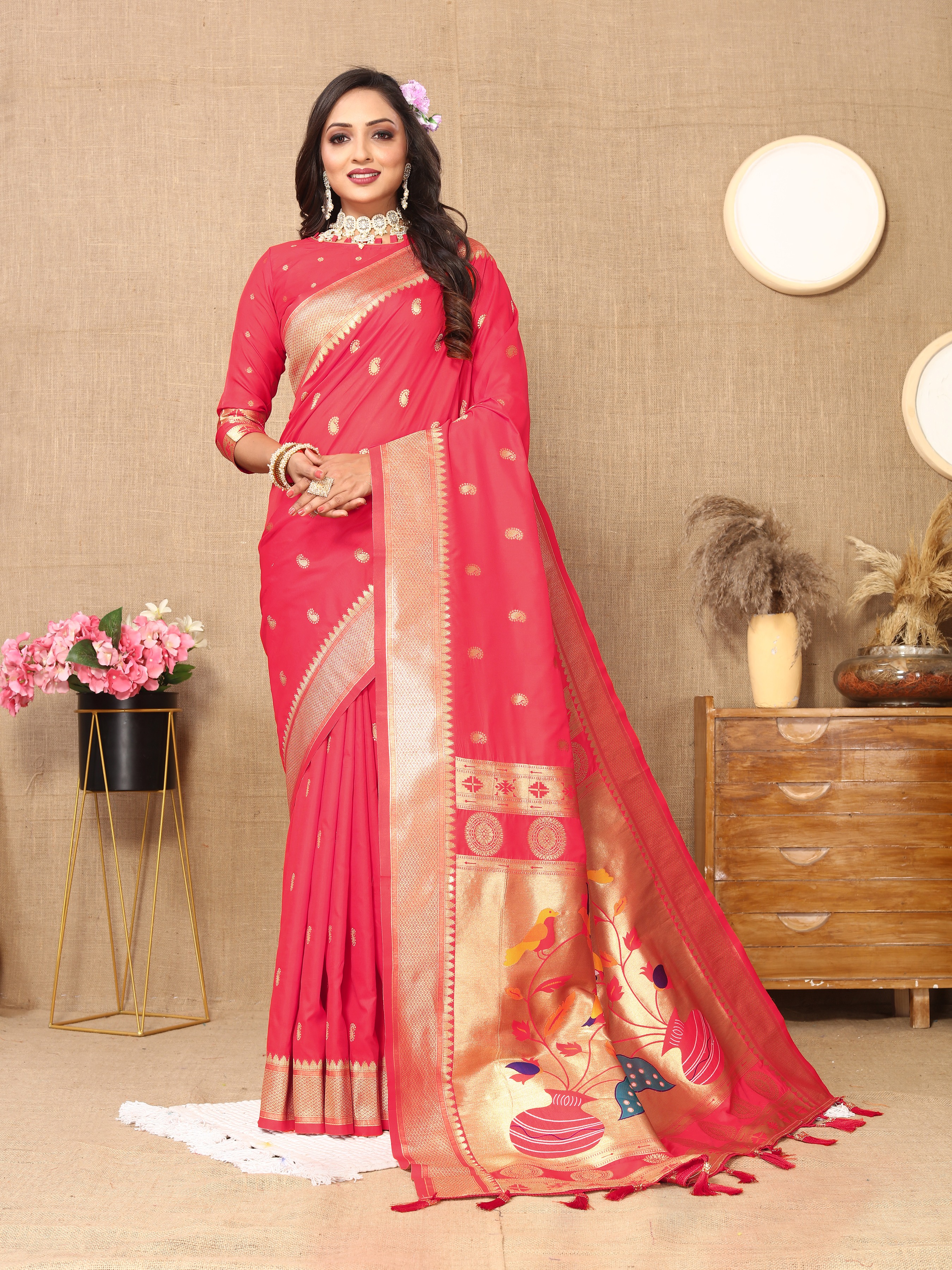 Soft Paithani silk saree with zari weawing desi... view 2