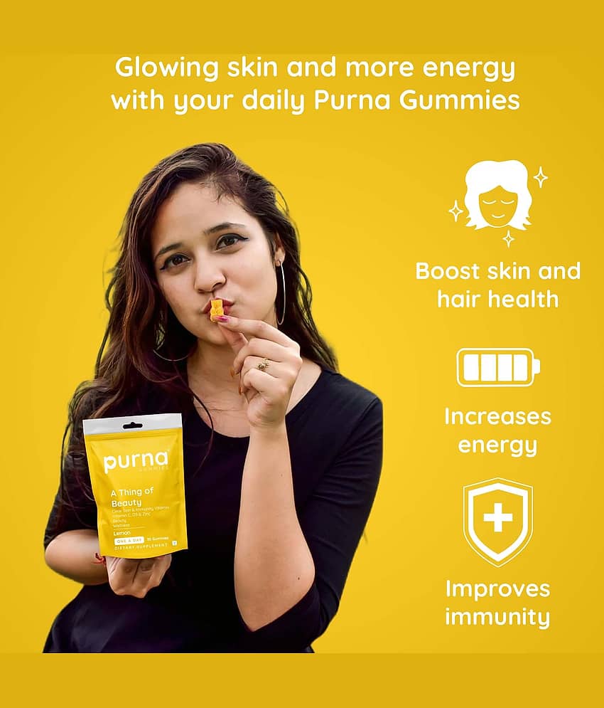 Purna Gummies Vitamin C Lemon & Zinc for Adults & Kids, Immunity Boost, Skincare 30 No.s (Pack of 2) view 2