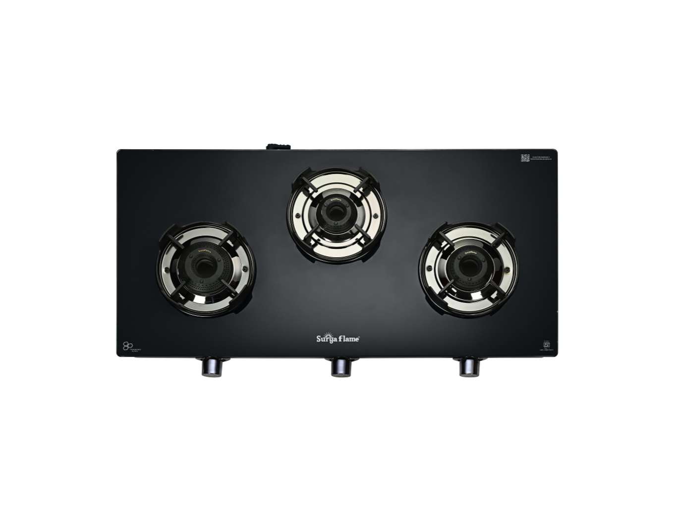Surya Flame Black Pro 3 Burner Gas Stove, All-Black "Pro" Series, 1 Jumbo Coated Burner, Toughened Glass, Flame Guard Support - Black